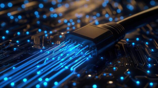 Digital connection. Hightech circuit board with glowing data lines photo