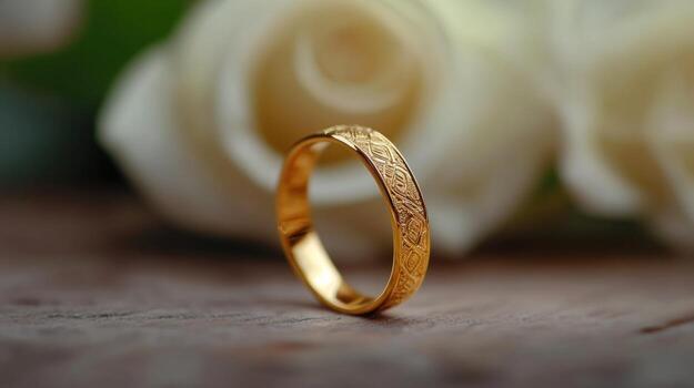 Golden wedding band with intricate design photo