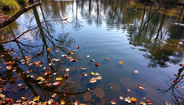 a quiet forest lake with shadows of trees reflecting, fallen leaves floating, and gentle ripples spreading photo
