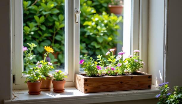 a charming sunlit window sill with tiny herb pots, delicate flowers, and a neat rustic wooden planter box photo