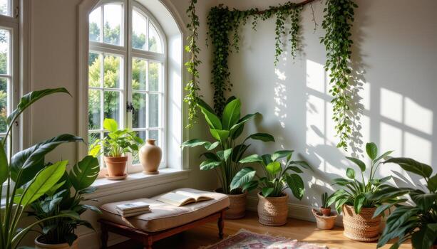 a calming reading corner surrounded by tropical houseplants, trailing vines, and soft diffused daylight photo