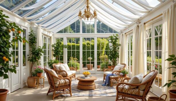 un grande conservatorio lleno con limón árboles, mimbre muebles, y suave lino cortinas suavemente balanceo foto