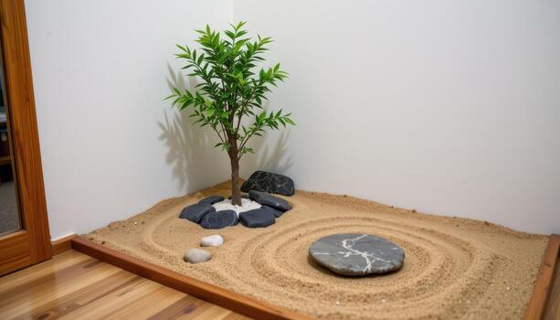 a compact zen garden in a corner with sand patterns, polished stones, and a simple single bamboo planter photo