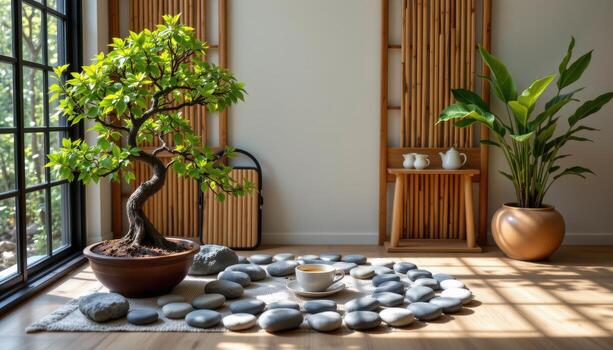 a cozy tea drinking nook with bonsai, bamboo panels, and smooth stones arranged in a calming pattern photo