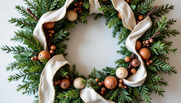 a natural wreath of cedar branches, rustic wood beads, and linen ribbons in soft tones. photo