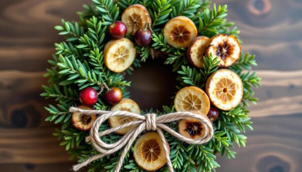 un natural guirnalda con cedro, seco Fruta rebanadas, y rústico cuerda atado en un fiesta arco. foto