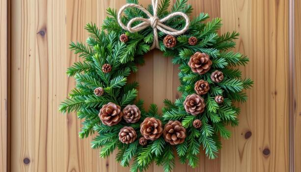 a natural wreath of cedar branches tied with rustic rope and adorned with pinecones. photo