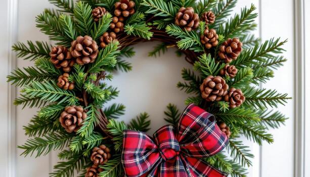 a rustic wreath of cedar branches, pinecones, and plaid ribbons for a warm touch. photo