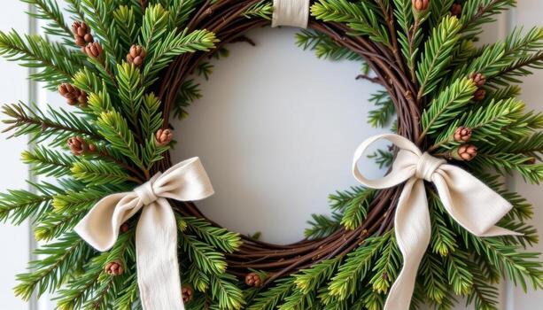 a natural wreath of pine and cedar branches tied with linen ribbons for a simple look. photo