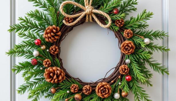 a rustic wreath made of cedar branches, pinecones, and twine tied in a farmhouse holiday style. photo