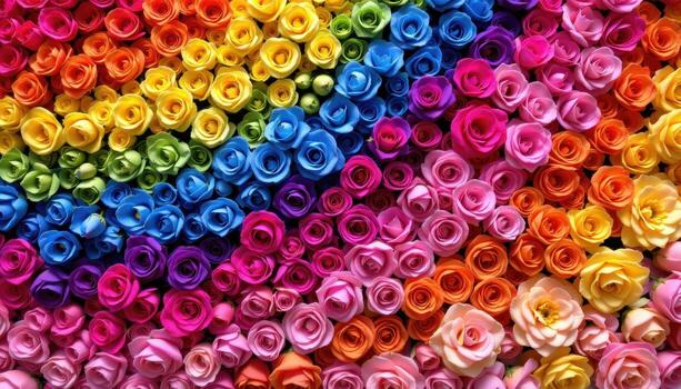 a vibrant rainbow flower wall of roses, hydrangeas, and peonies arranged in bright colorful patterns. photo