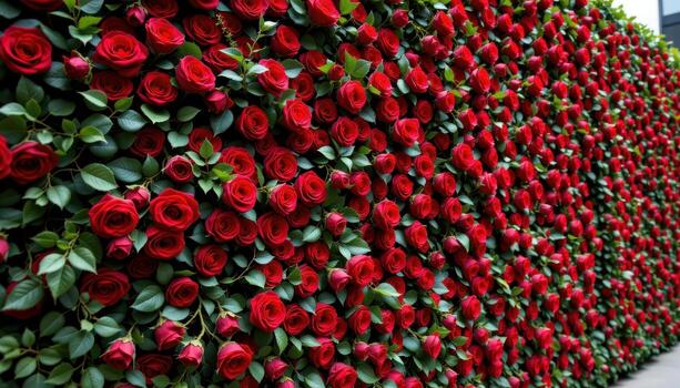 a stunning wall of deep red roses and lush ivy, arranged in an intricate, luxurious and timeless pattern. photo