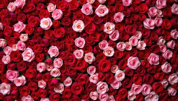 a luxurious rose wall of deep reds and subtle pinks, layered to create a rich textured floral backdrop. photo