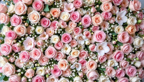 a soft blush floral wall of roses, orchids, and baby's breath arranged in gentle cascading layered patterns. photo
