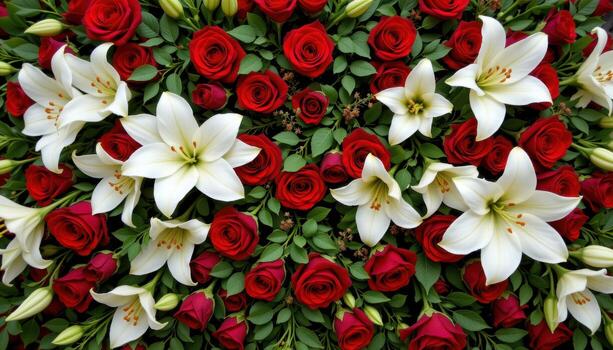 a luxurious floral backdrop of deep red roses, soft white lilies, and trailing greenery forming rich textures. photo