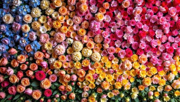 a lush rainbow flower wall of roses, hydrangeas, and peonies arranged in perfect gradient color blocks. photo