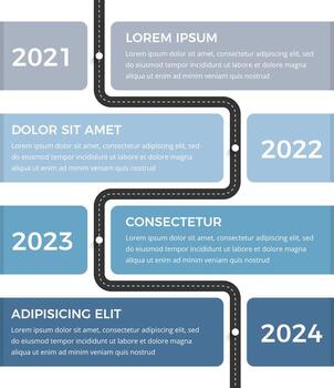Vertical timeline infographics template with road with four elements for dates and text vector