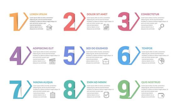 Nine numbers with arrows with place for your text, can be used as steps, options, process design, workflow vector