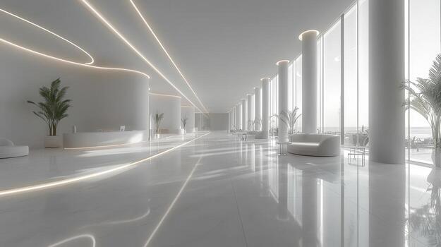 moderno oficina interior con minimalista diseño, presentando ambiente ligero y espacioso disposición. brillante espacio incluye grande ventanas, pulcro muebles, y verdor para profesional atmósfera foto