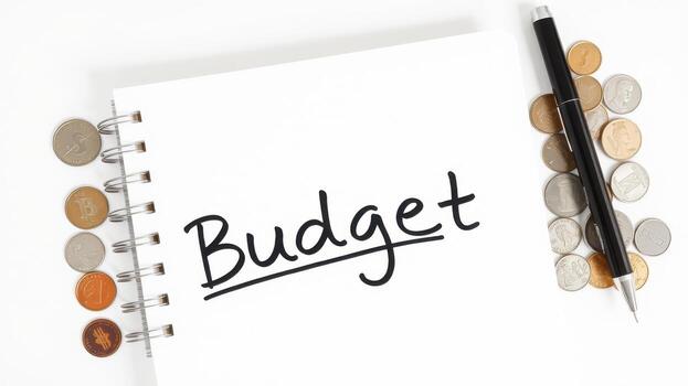 Budget planning with coins and pen on notepad, emphasizing financial management and savings photo