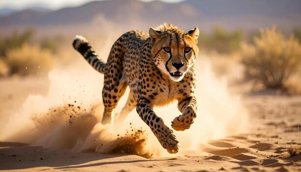 Cheetah running in the desert photo