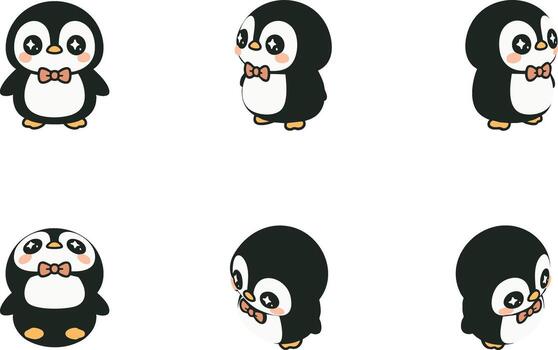 Chubby penguins in different views front side and turned vector