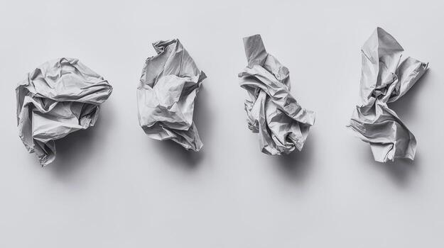 Crumpled silver paper arranged in line on light background, showcasing texture and form. This evokes sense of creativity and artistic expression photo