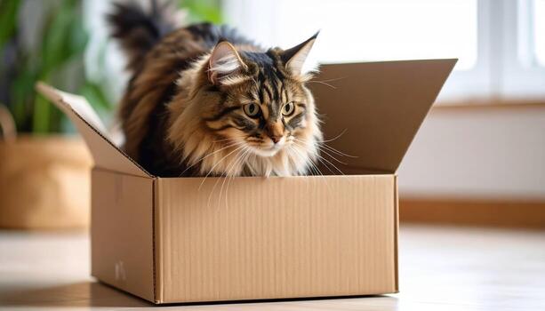Fluffy tabby cat with long fur sitting inside cardboard box on wooden floor near window, showing curiosity and alertness in cozy indoor setting photo