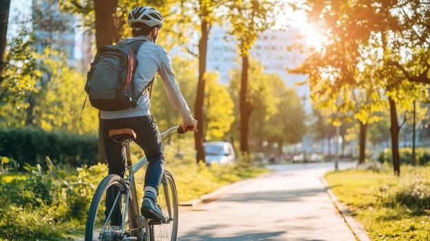 cyclist riding through sunny park path with trees and greenery photo