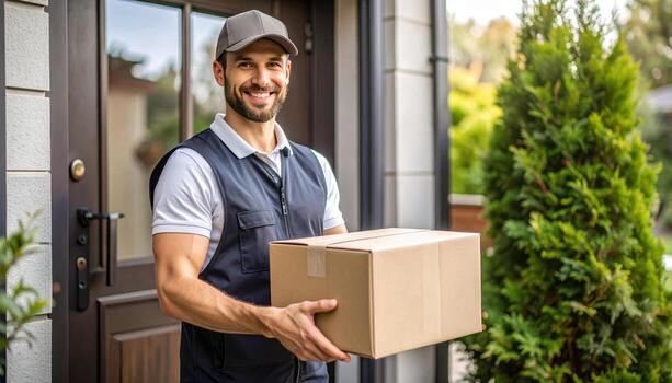 Smiling delivery man holding cardboard box standing outside house door in uniform and cap, ready to deliver package with friendly expression in bright daylight photo