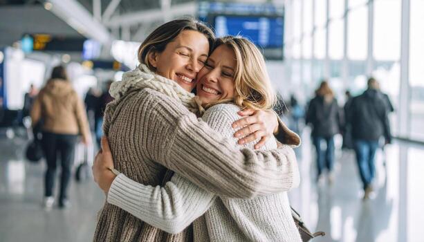 Two women wearing knitted sweater hugging each other with happy smile in busy airport terminal with blurred people walking in background, warm joyful reunion moment photo