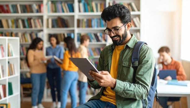 Young man with glasses and backpack smiling while using tablet in bright library filled with books and students studying and interacting in background photo