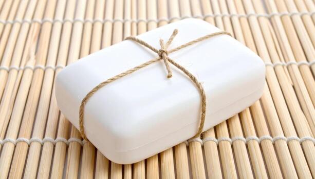 A white square box wrapped in twine on a bamboo mat photo