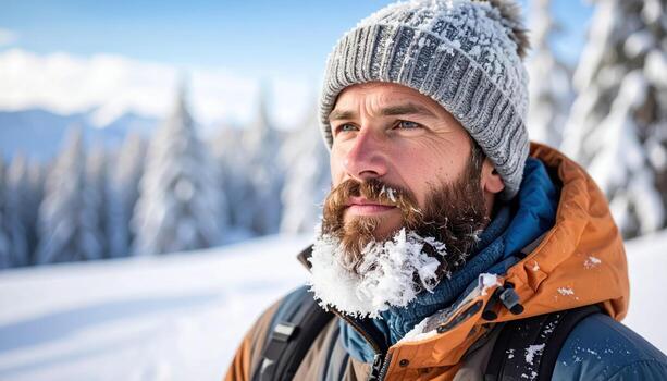 A man with a beard and hat in the snow photo