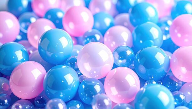 Colorful shiny blue and pink spheres with reflective surfaces create vibrant and playful abstract background full of glossy round shapes and smooth textures photo