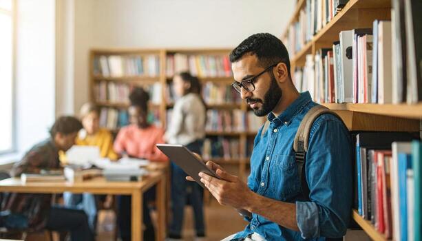 Young man wearing glasses and backpack reads digital tablet while leaning against bookshelf in bright library with other people studying and interacting in background photo