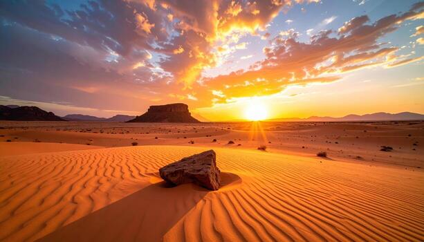 Desert sand dune with rock in foreground and dramatic sunset sky with clouds and sun rays over distant mesa and mountains, evoking warmth and tranquility in arid landscape photo