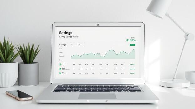 modern laptop displaying savings tracker on desk with plants. clean design emphasizes financial management and budgeting photo