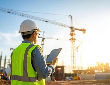 Construction worker with safety helmet and vest using tablet at building site with cranes and sunset background photo
