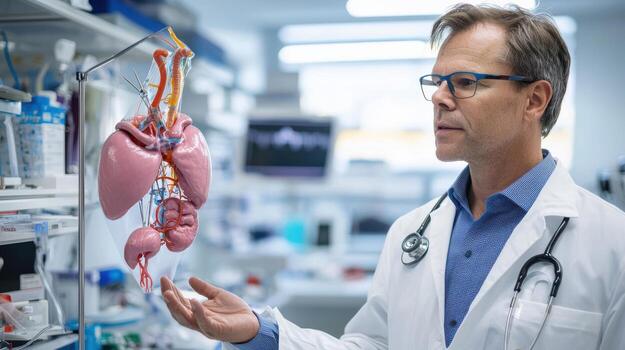 Doctor examining anatomical model in a laboratory setting photo