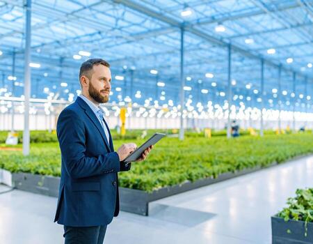 Man using digital tablet in modern greenhouse with plants and bright lights, showing focus and professionalism in agricultural technology environment photo