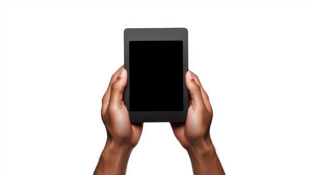 Hands holding a black tablet with a blank screen photo