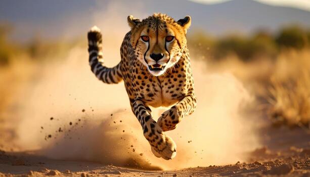 Cheetah running fast on dusty ground in natural habitat with intense focus and powerful movement in dry savannah landscape photo