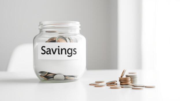 Savings jar filled with coins, symbolizing financial planning and saving. coins are neatly arranged, reflecting minimalist approach to budgeting photo