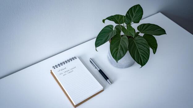 Plant, notebook, pen on desk, modern workspace, minimalistic design, white background photo