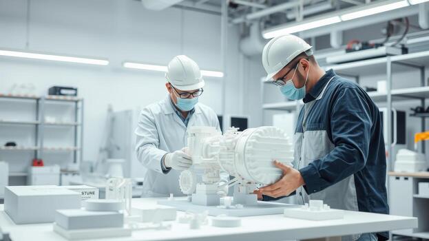 Two men in white protective gear working on a machine photo