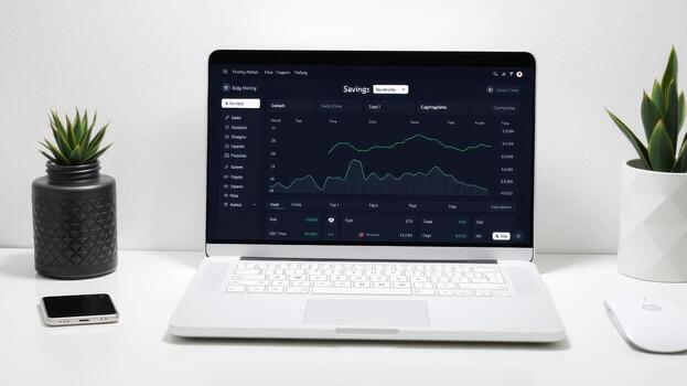 sleek laptop displaying financial data on minimalist desk with plants. modern workspace features smartphone and mouse, creating productive atmosphere photo
