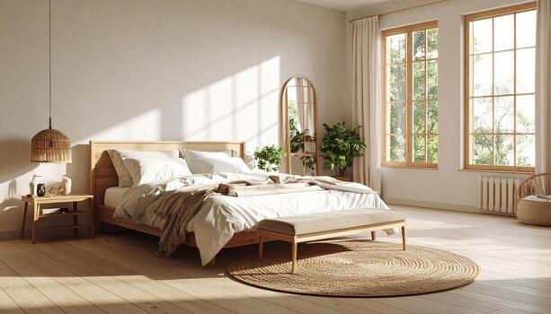 Modern bedroom with wooden bed frame and bench, natural light streaming through large windows, neutral tones, cozy bedding, plants, and minimalist decor creating warm and inviting atmosphere photo