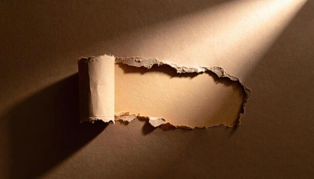 Torn brown paper with curled edge illuminated by soft light creating shadow and texture on surface, evoking rustic and natural feeling photo