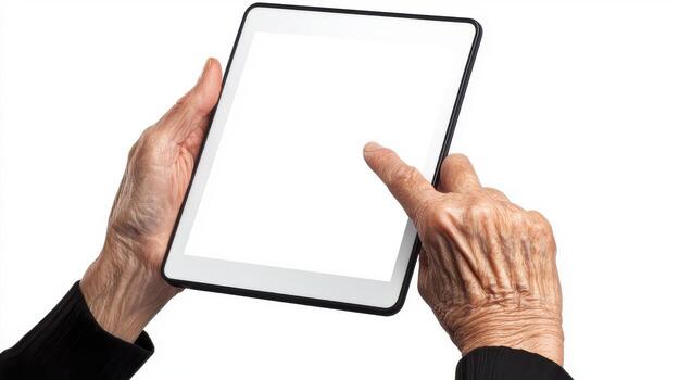 Hands holding a tablet computer with a blank screen photo